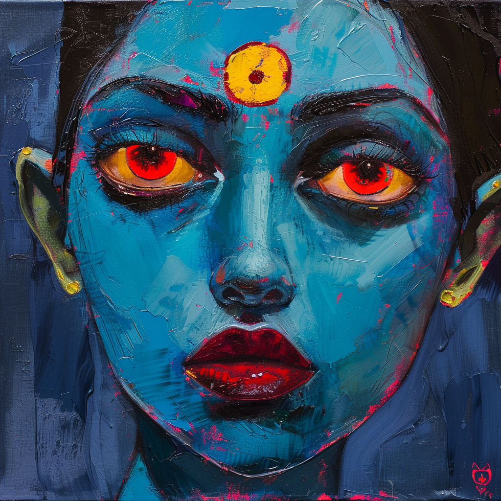 Realistic painting of blue-skinned woman with bindi.