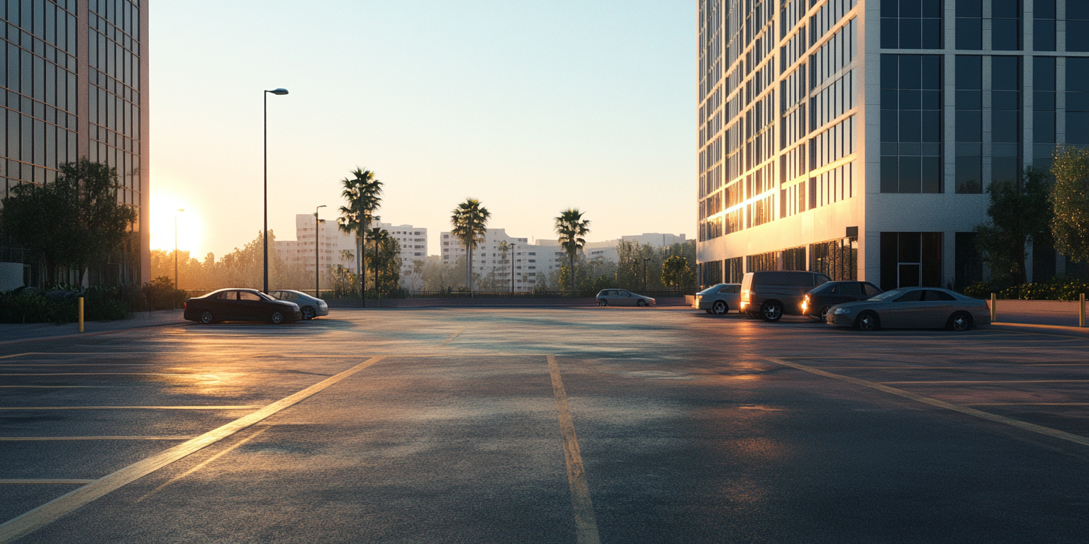 Realistic parking lot in front of building. Canon EOS.