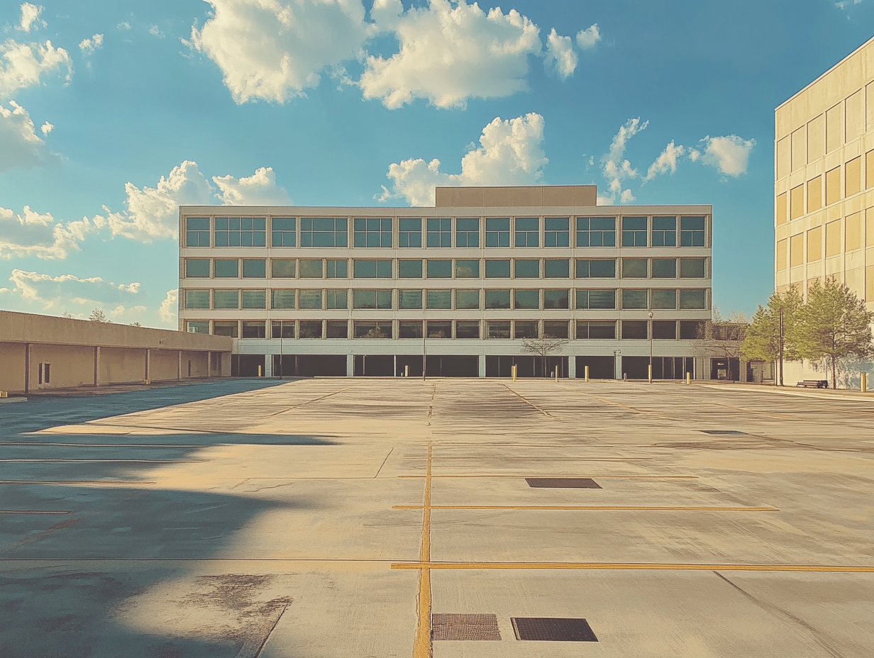 Realistic parking lot in front of large building.