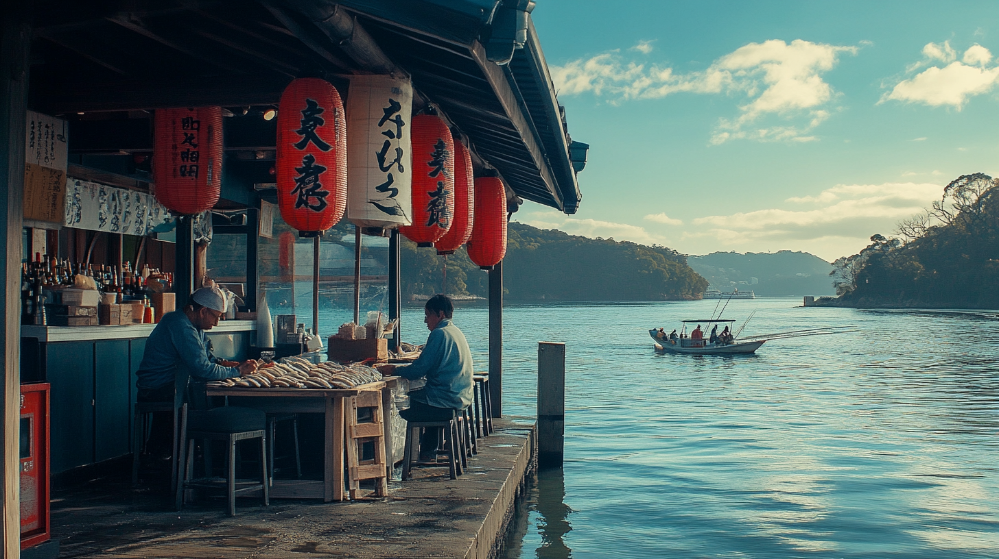 Realistic photo of Australian river with fishermen and sushi.