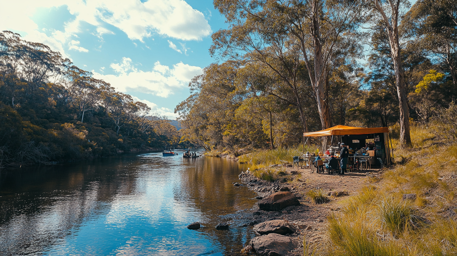 Realistic photo of Australian river with sushi master.