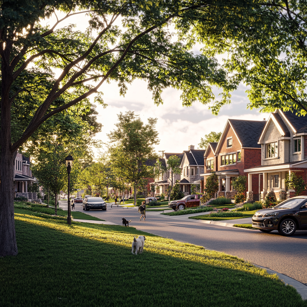 Realistic photo of Canadian neighborhood with classic elements.