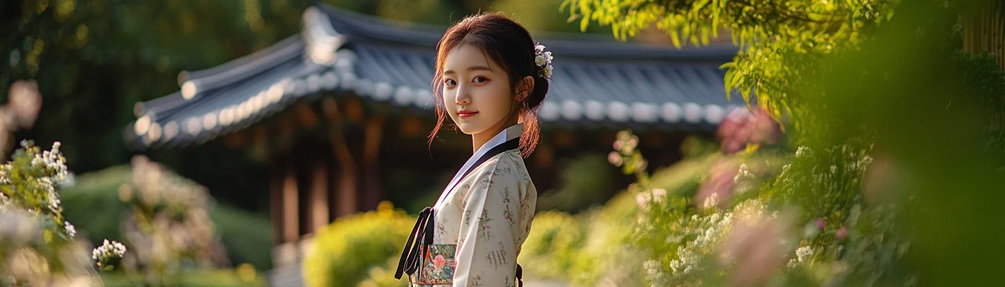 Realistic photo of Korean girl in serene garden with building.