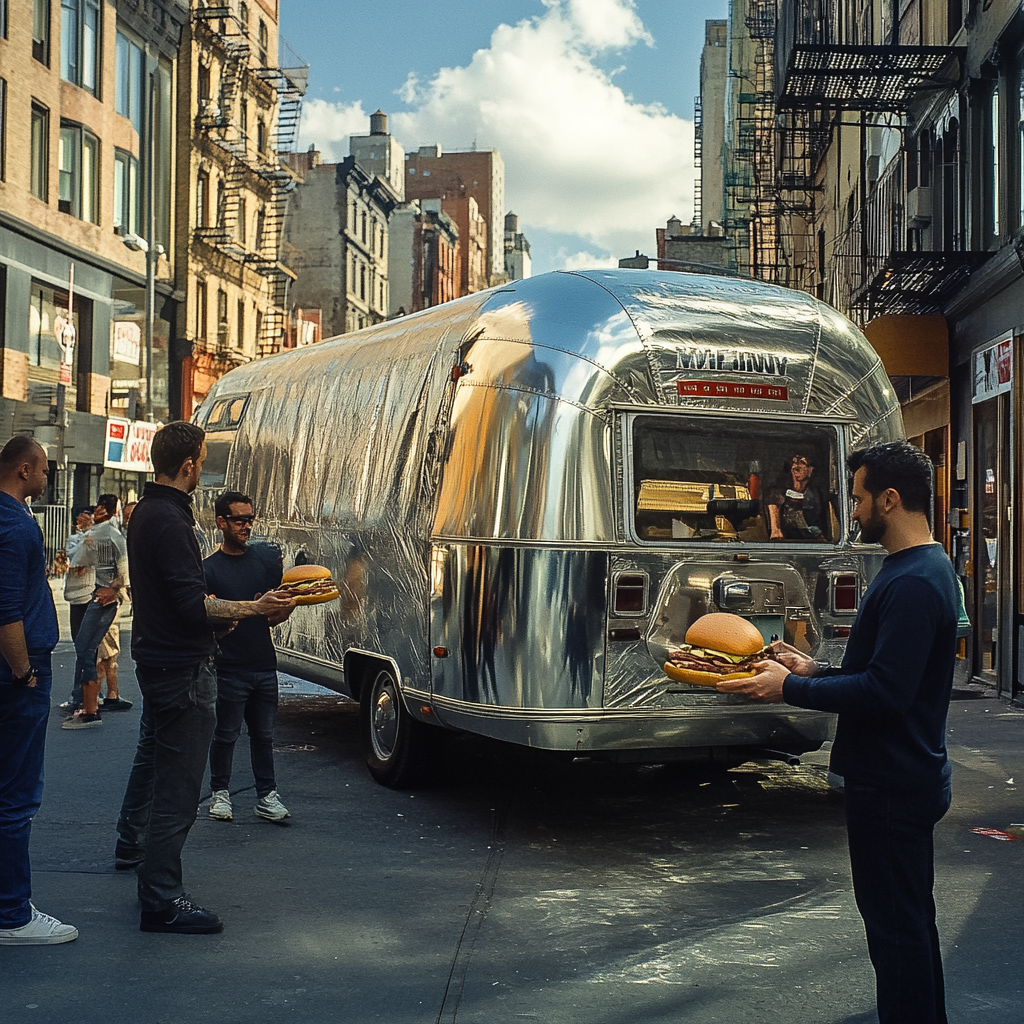 Realistic photo of RV wrapped in wax paper. Crowd around man giving out sandwiches.