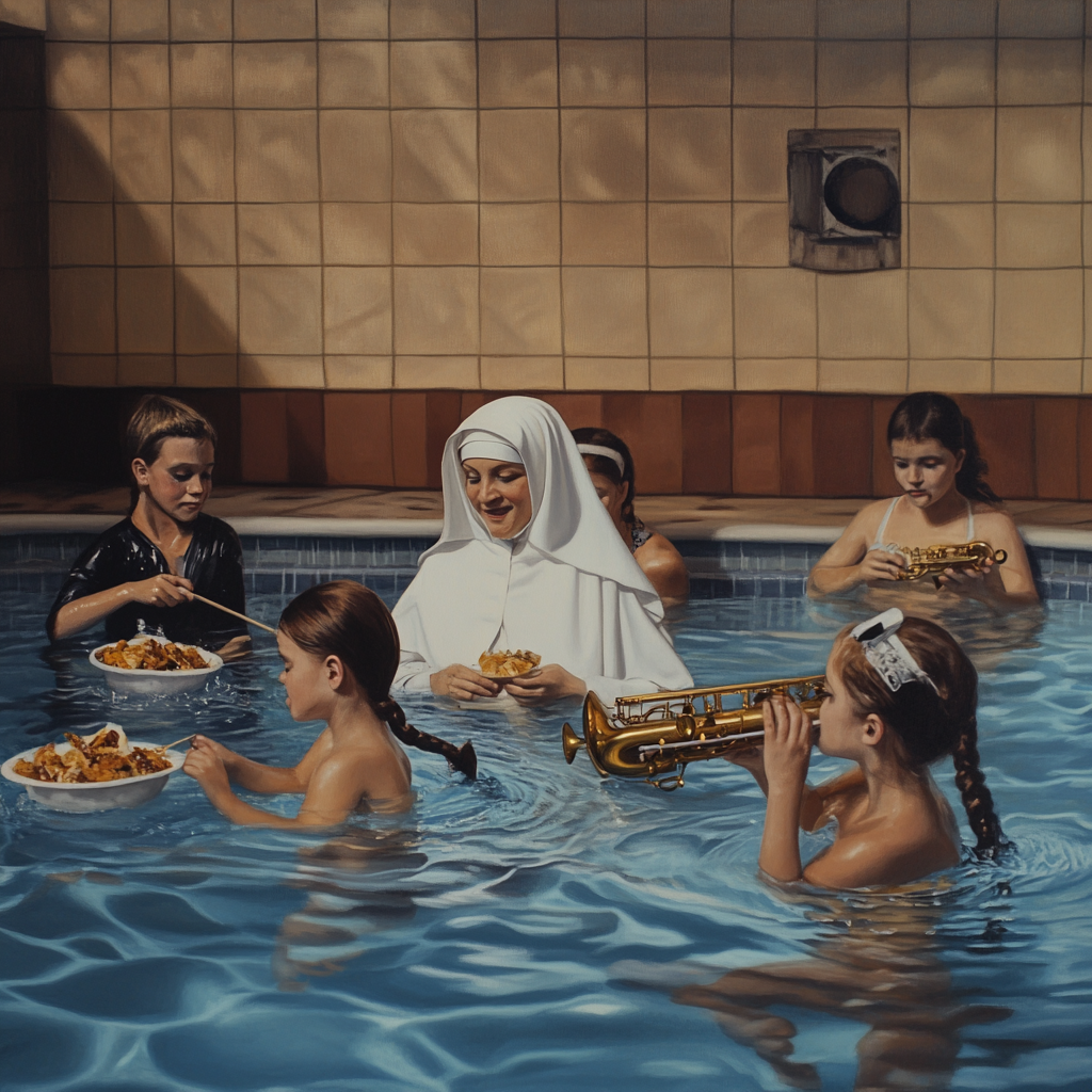 Realistic photo of children & nun eating, playing, swimming.