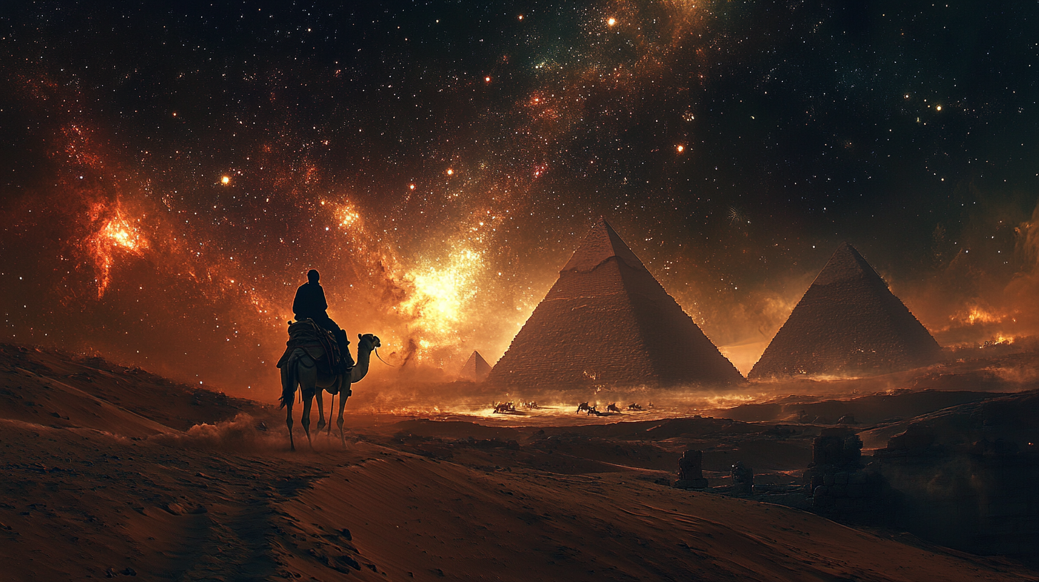 Realistic photo of desert night sky with pyramids.