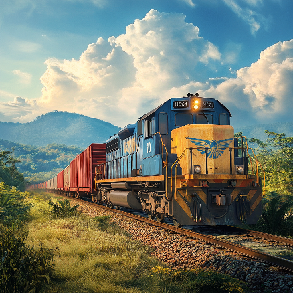 Realistic photo of giant train through Latin landscape.