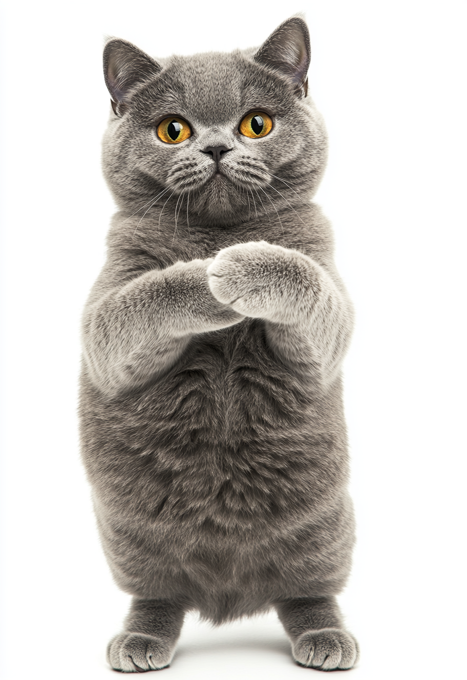 Realistic photo of grey British shorthair cat standing, hugging.