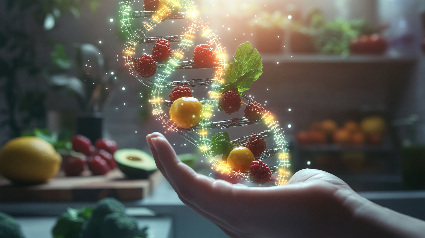 Realistic photo of hand holding glowing DNA with veggies.