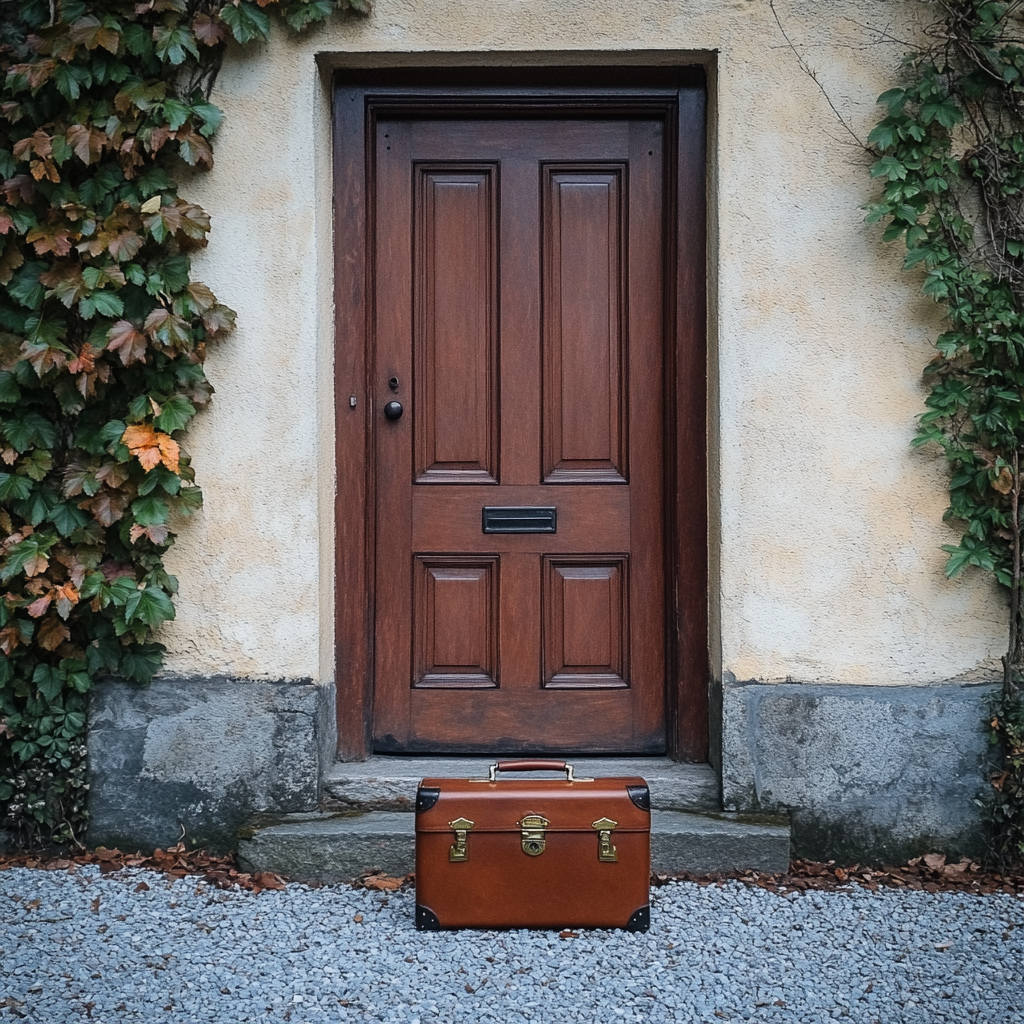 Realistic photo of leather bag near beautiful driveway.