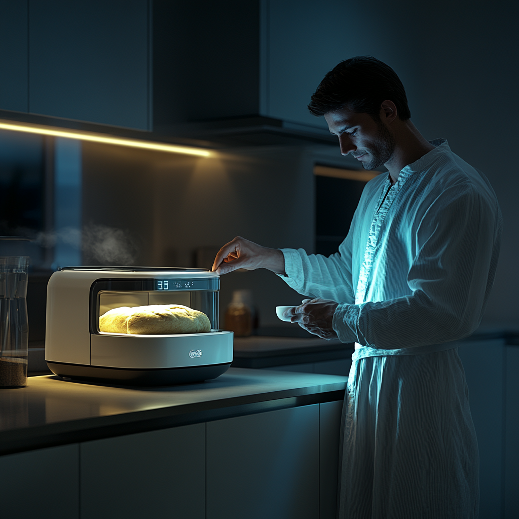 Realistic photo of male using futuristic bread machine.