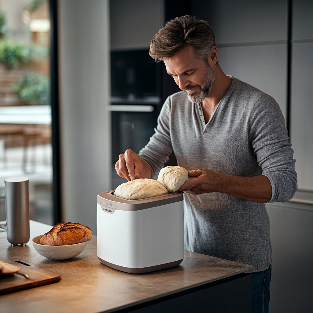 Realistic photo of man in pyjamas in kitchen, making bread.