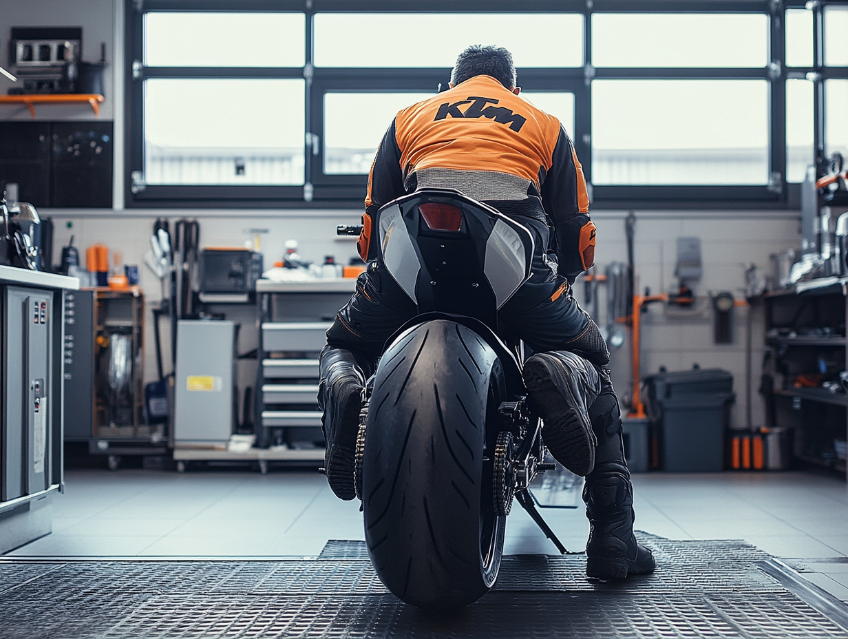 Realistic photo of mechanic in clean KTM workshop, no face.