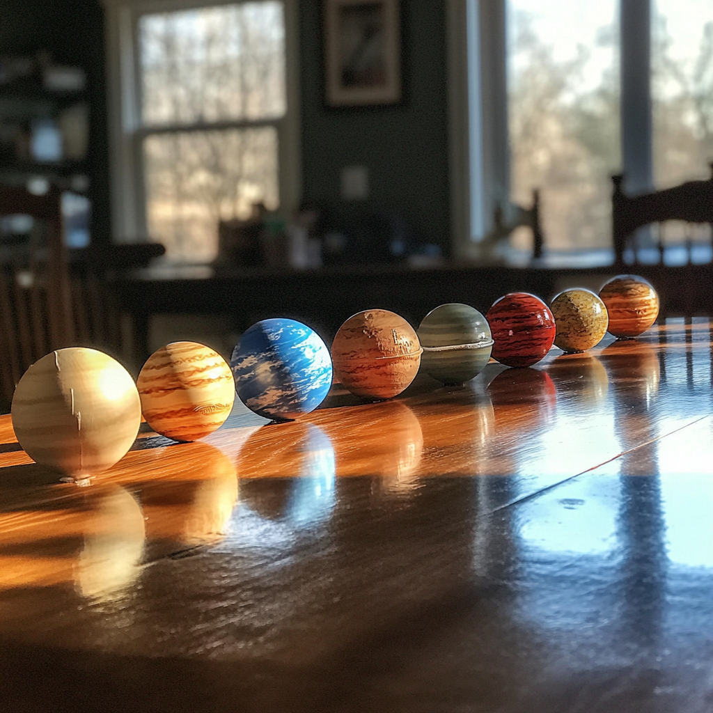 Realistic photo of model of planets on table.