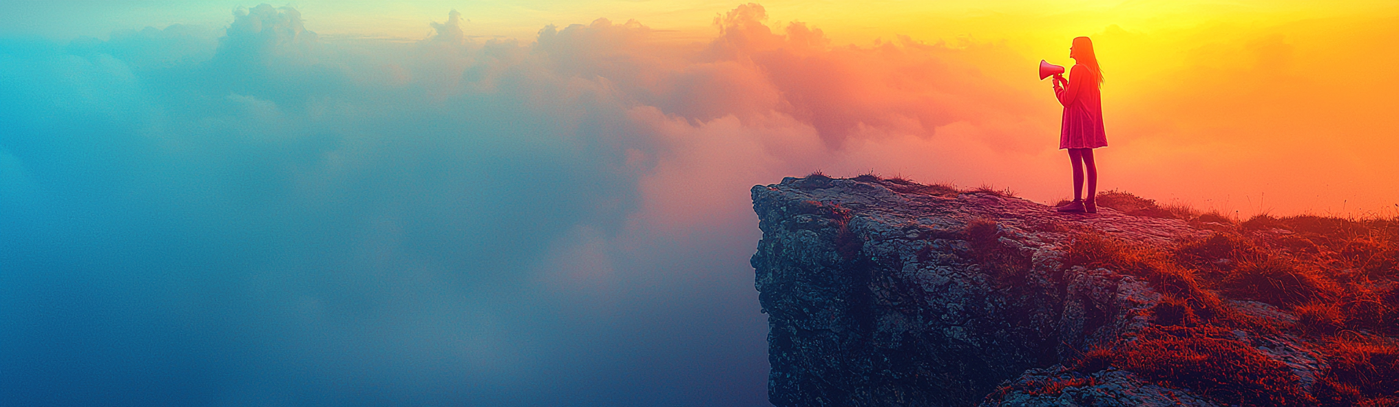 Realistic photo of person on cliff with megaphone.