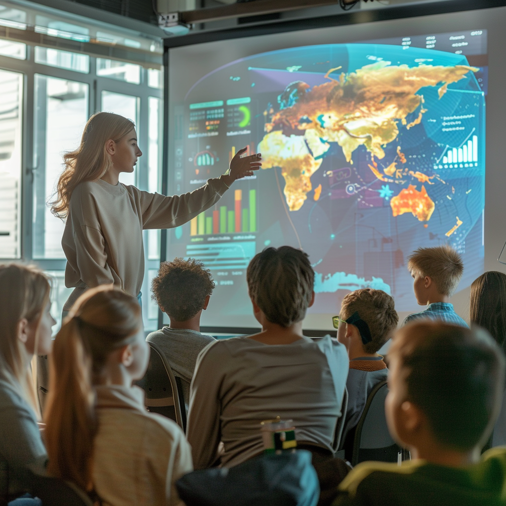 Realistic photo of teacher explaining climate change in classroom.