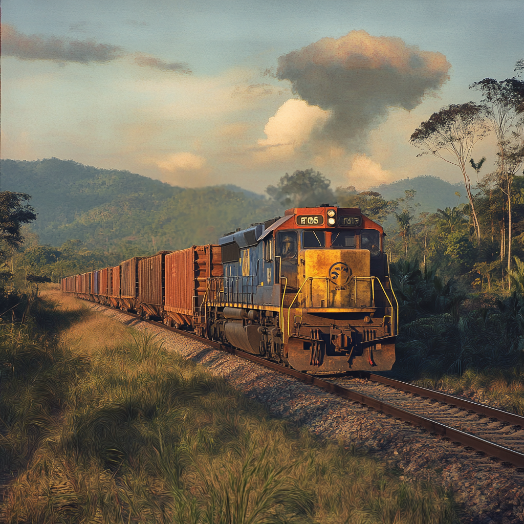 Realistic photo of train with cargo in landscape viewing