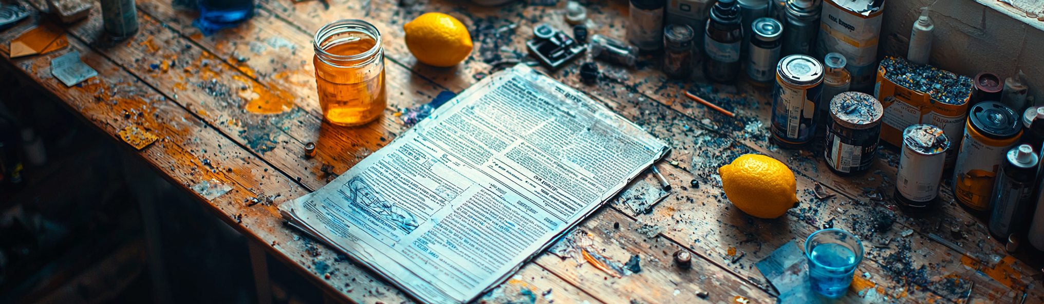 Realistic photograph of cluttered table with organized catalog.