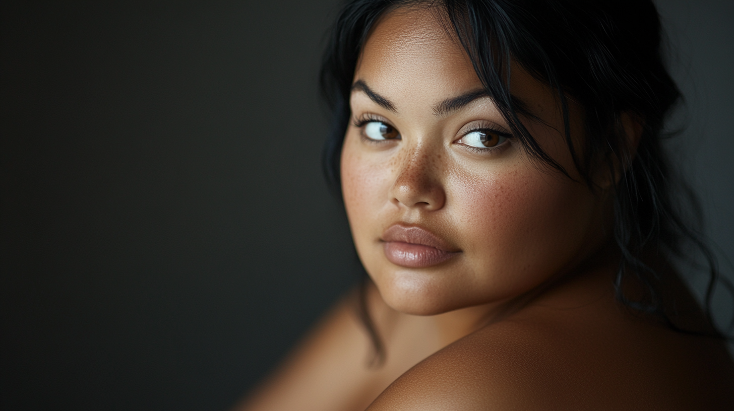 Realistic portrait black haired woman, chubby, HD quality, Nikon