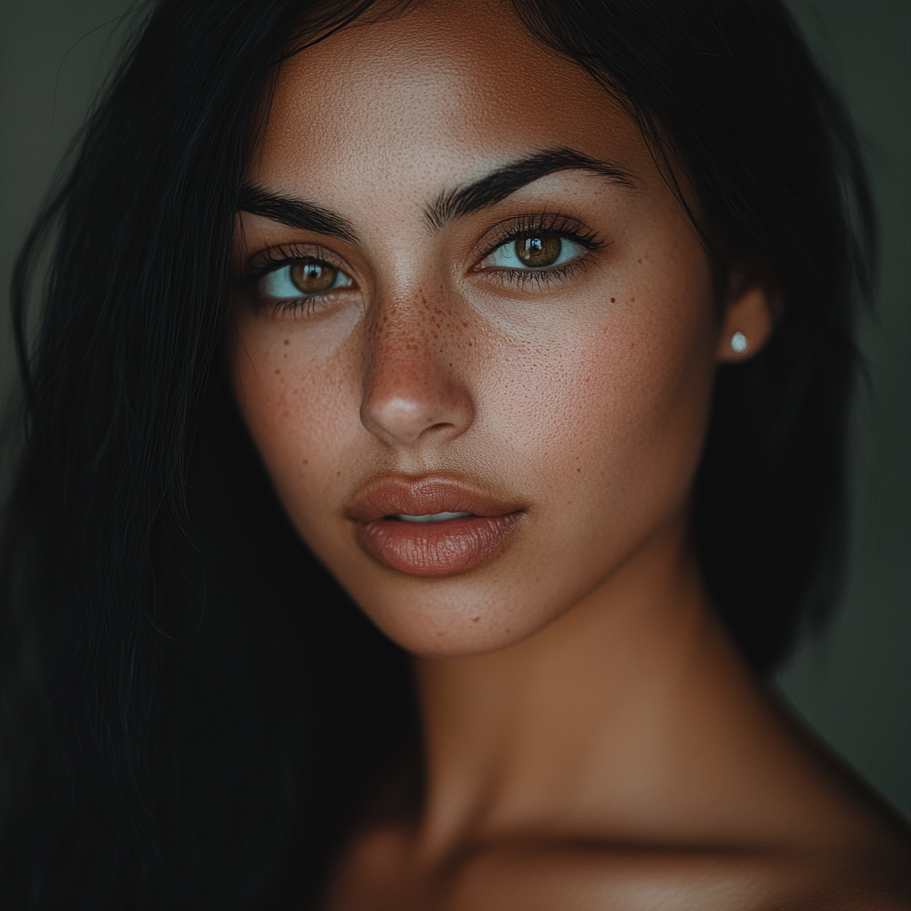 Realistic portrait of 28-year-old woman, direct eye contact 