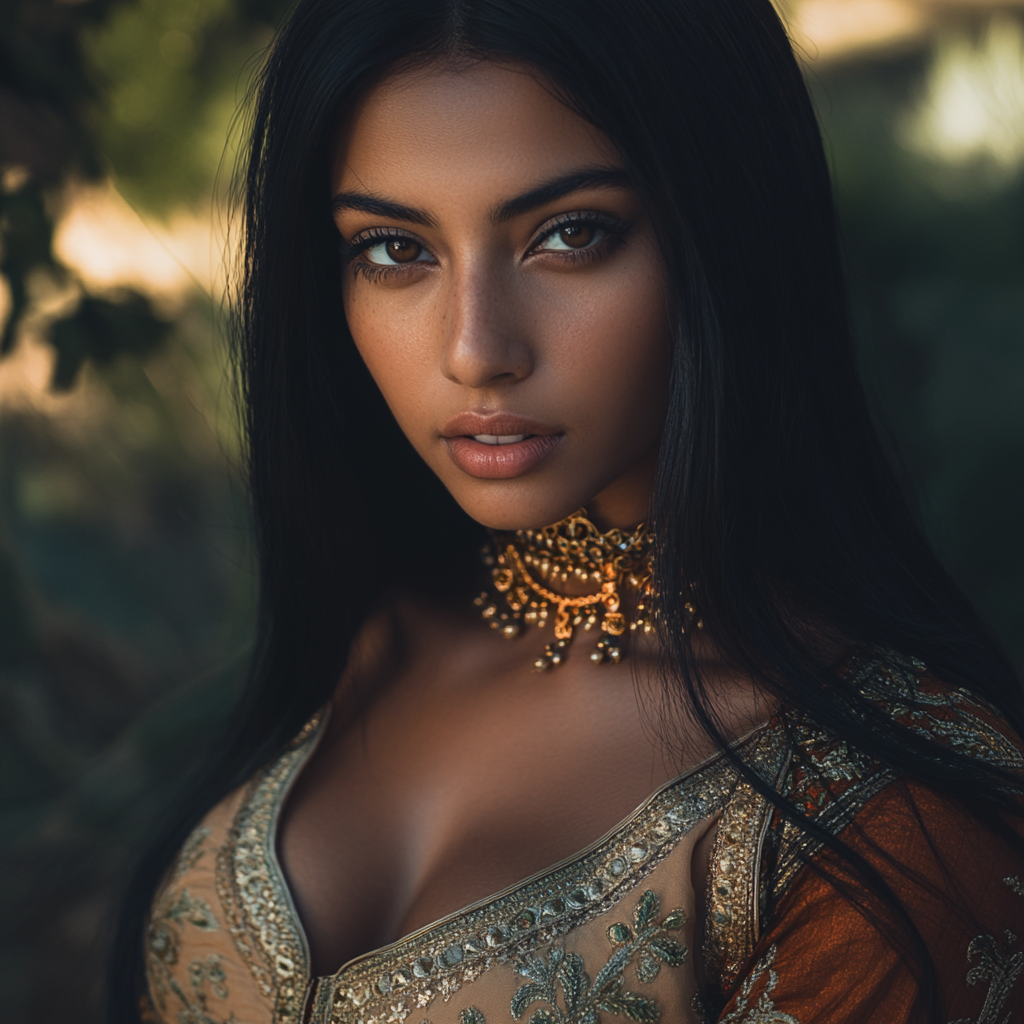 Realistic portrait of South Asian woman, traditional clothing