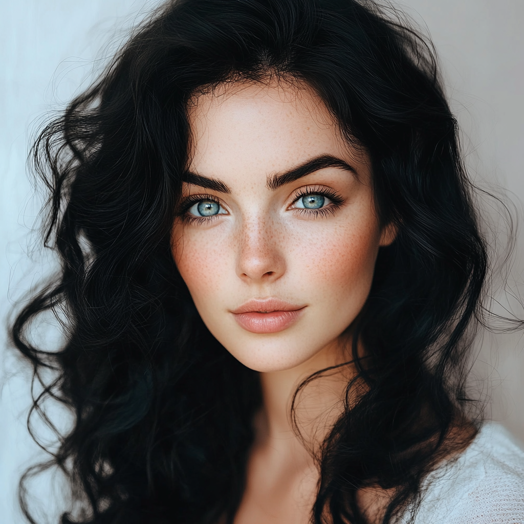 Realistic portrait of beautiful woman with black hair.