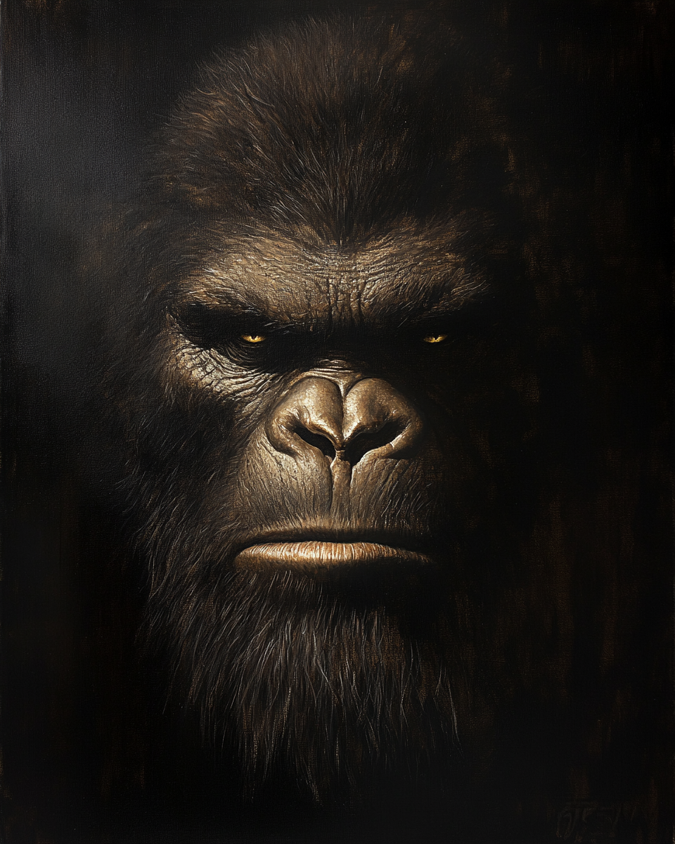 Realistic portrait of bigfoot by Rembrandt, dramatic lighting