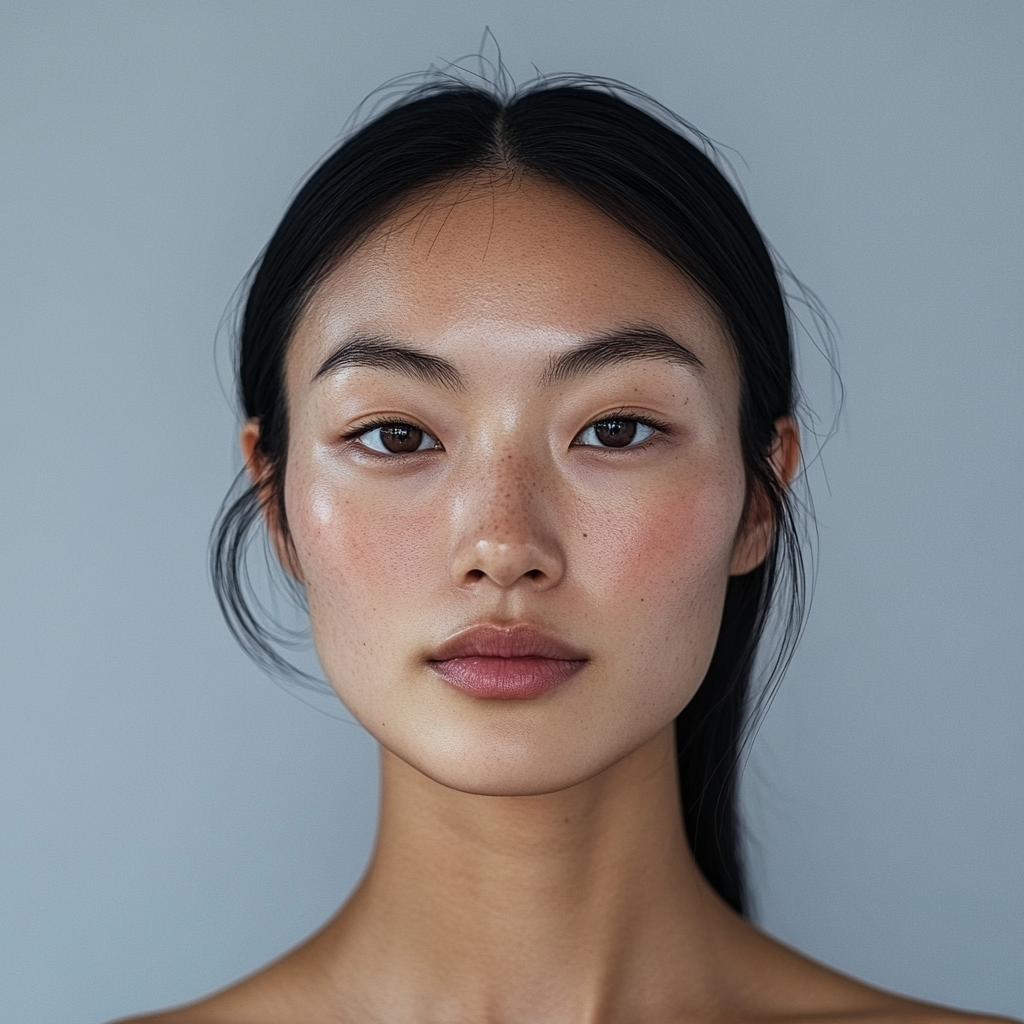 Realistic portrait of calm East Asian woman, 28