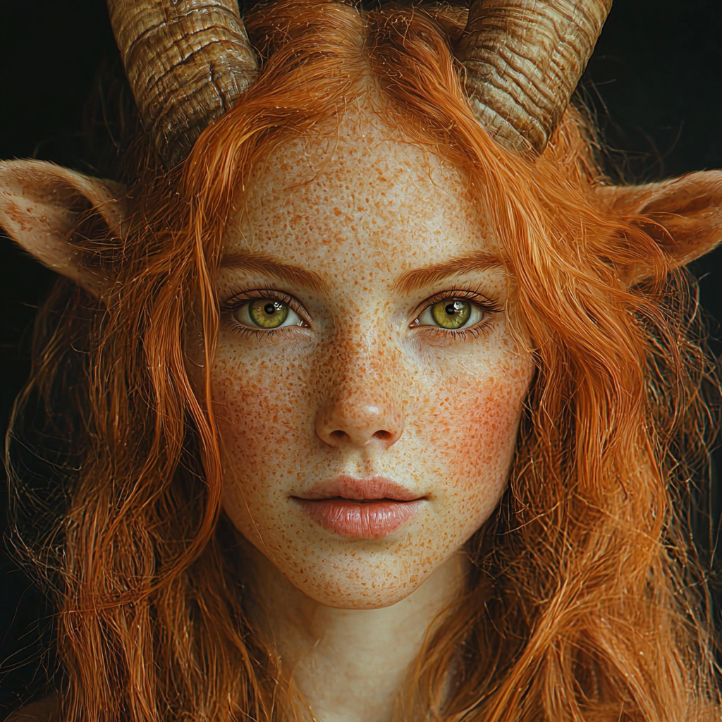 Realistic portrait of female with ginger hair, goat features.