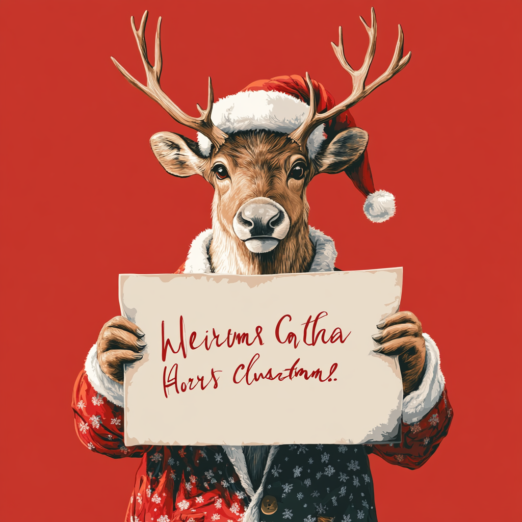 Realistic reindeer in holiday outfit holding festive message sign.