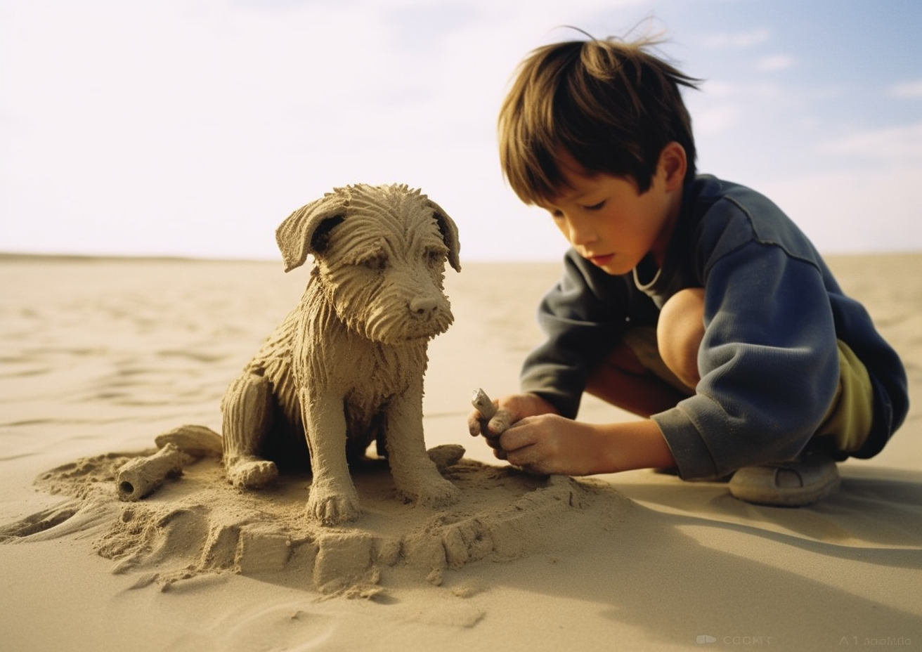 Realistic sand sculpture of dog, film photography detailed.