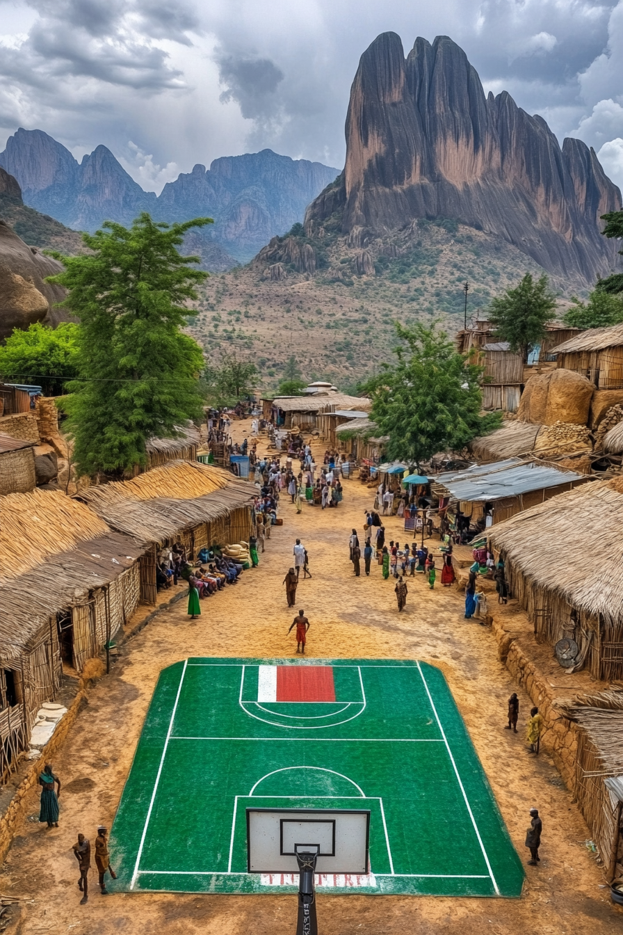 Realistic scene of Nigerian basketball court with cultural elements.