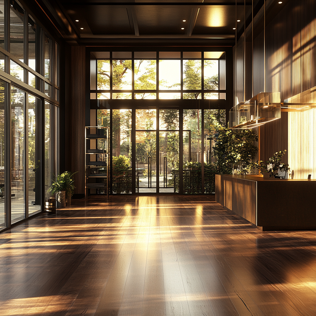 Realistic showroom space with dark oak wooden flooring.