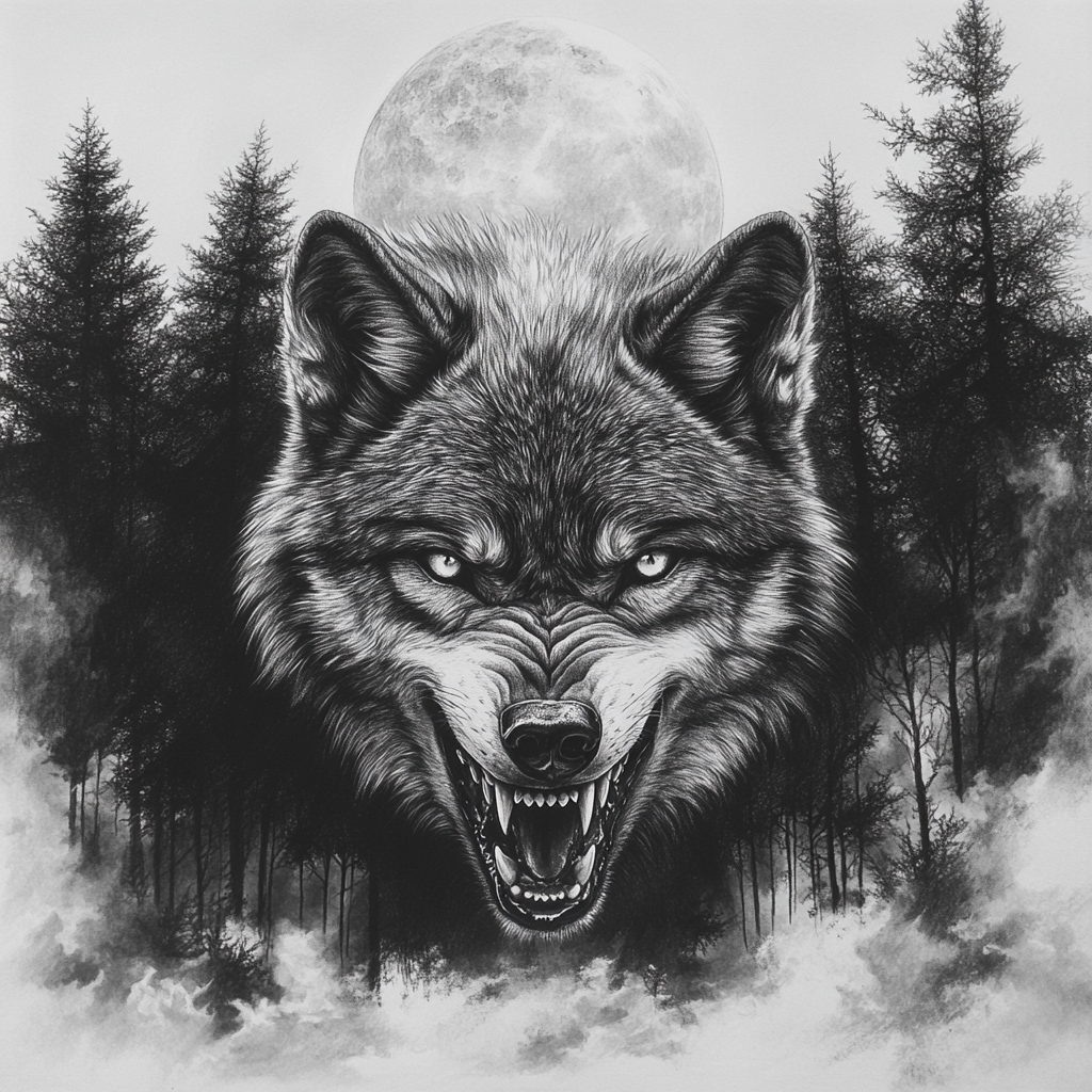 Realistic snarling wolf in forest with full moon, pencil drawing