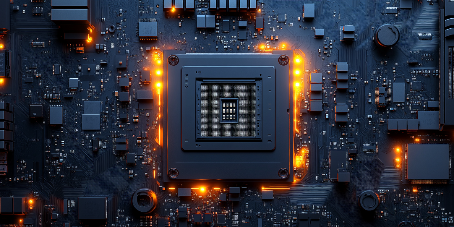 Realistic top-down view of a motherboard layout.