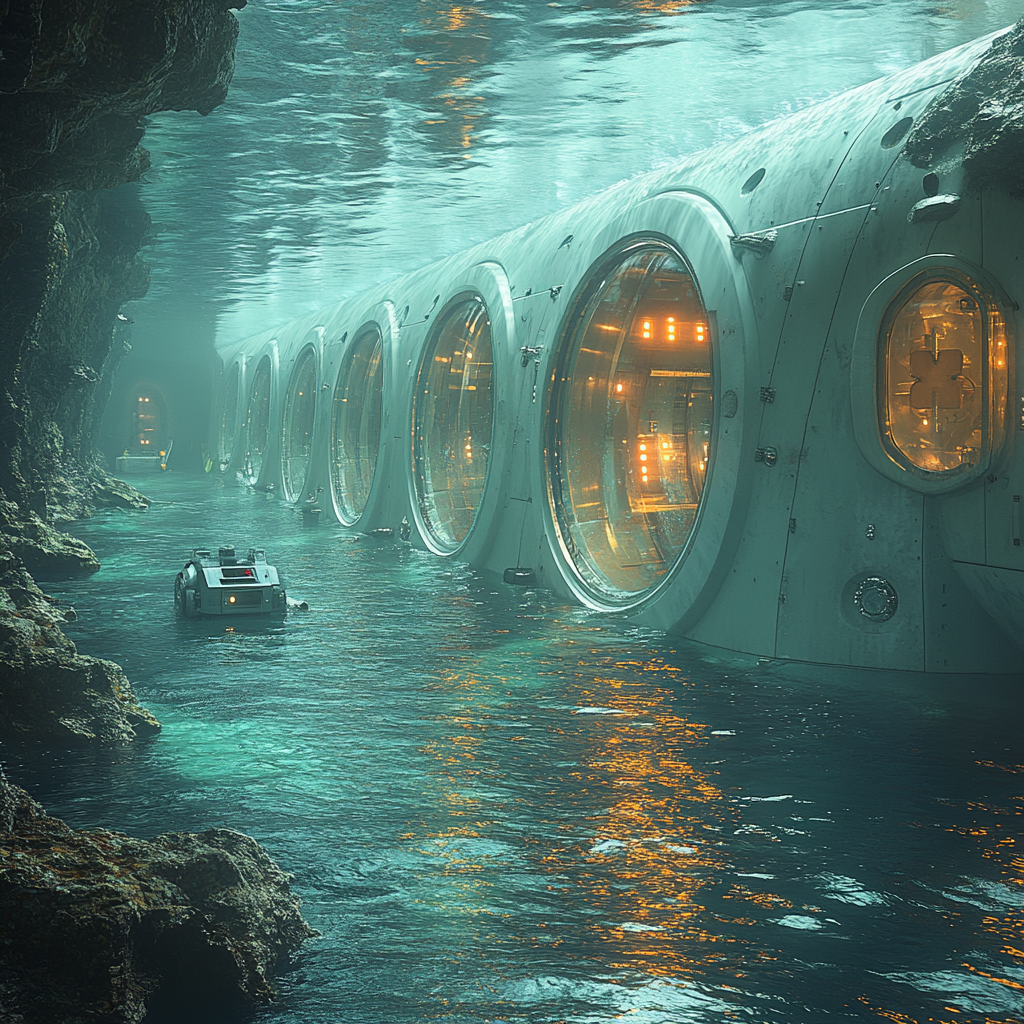 Realistic underwater construction scene with tunnel segments.