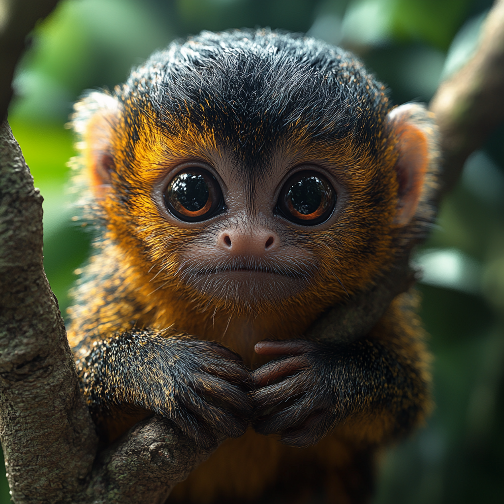 Realistic video: pygmy marmoset monkey clinching finger, detailed shading.