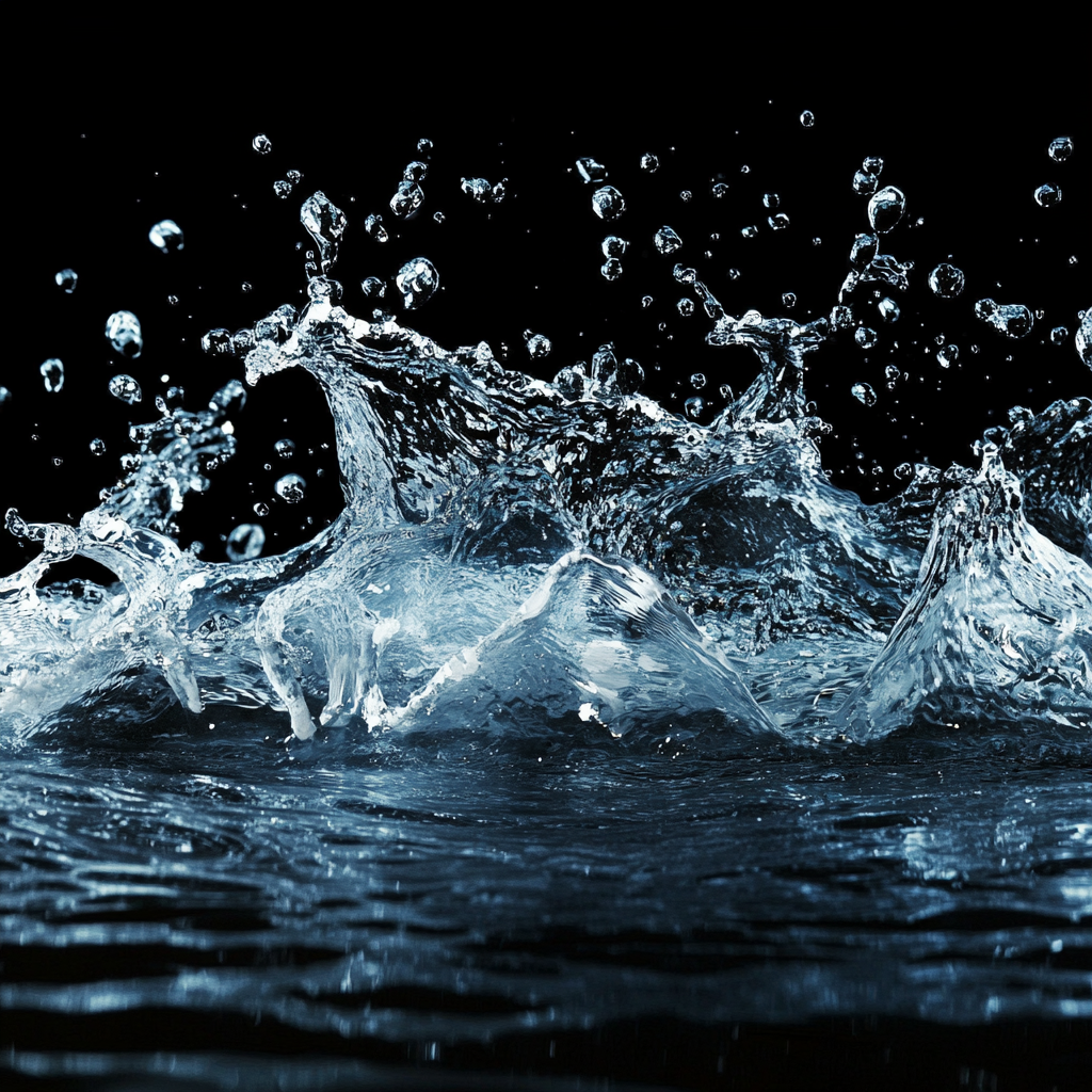 Realistic wall of water with splashes on black.