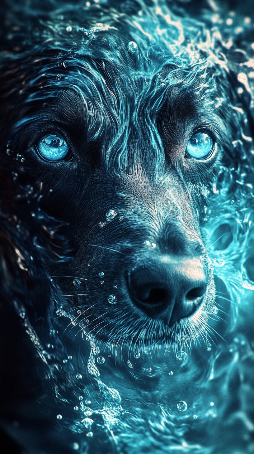 Realistic water-powered dog with deep blue fur and sparkling wave patterns. Bright blue eyes and water droplets swirling around legs and tail. Aquatic landscape background with rivers, waterfalls, and mist.