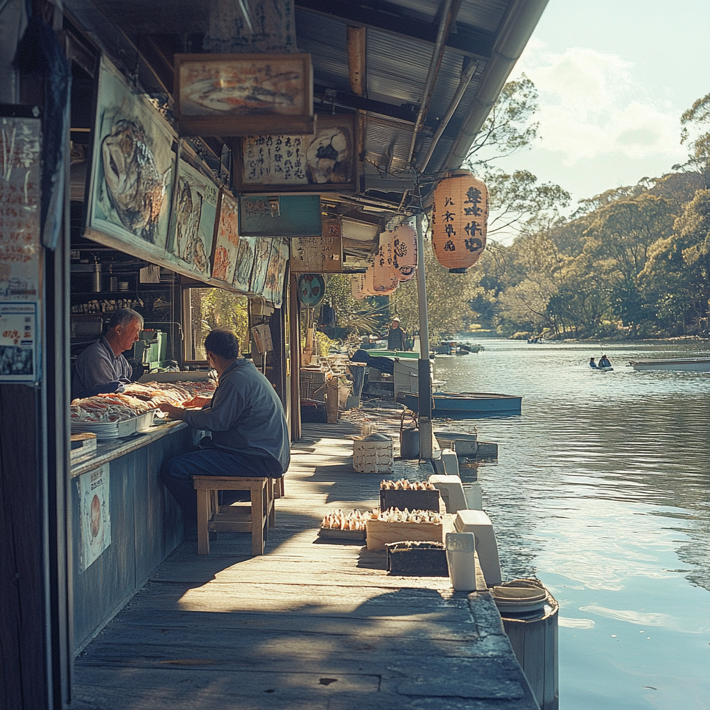 Realistic wide-angle photo of Australian river fishermen, sushi master.