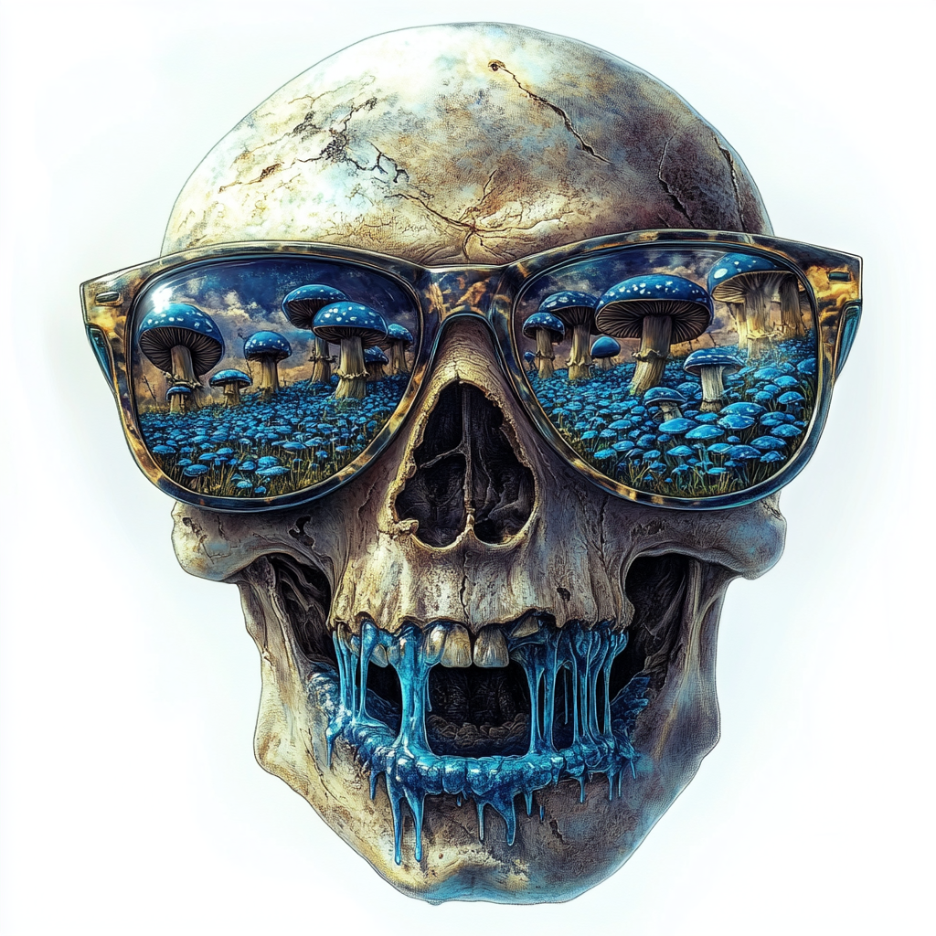 Reaper with sunglasses and blue mushrooms reflection, tattoo design