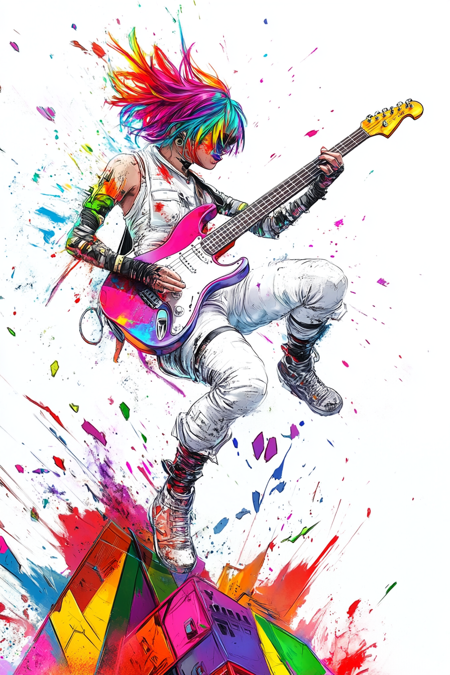 Rebel girl rocks guitar in exploding city