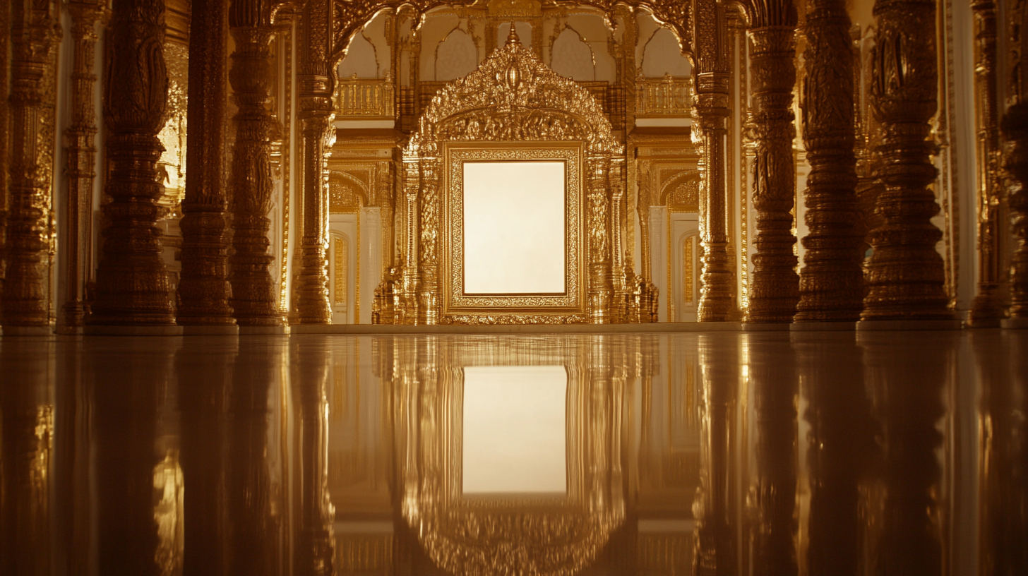 Rectangle mirror inside golden palace at night.