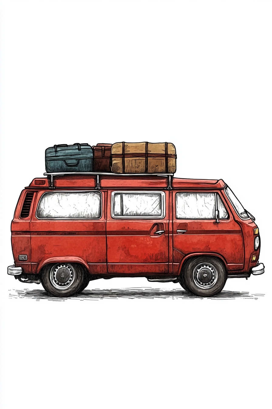 Red 1970 van with luggage on roof, isolated background.