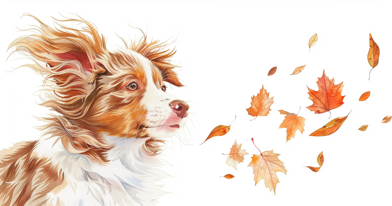 Red Australian shepherd puppy in strong autumn wind.