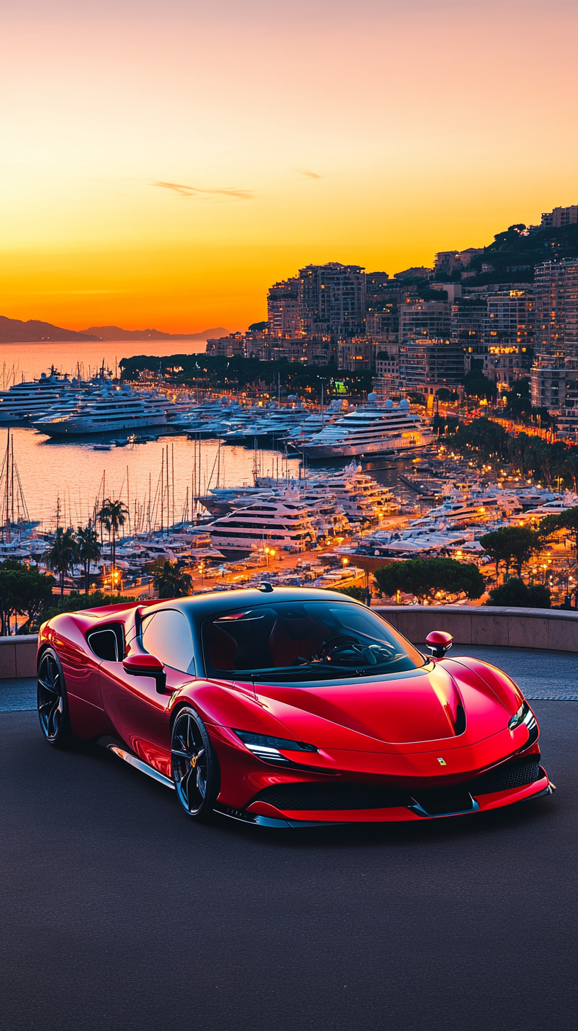 Red Ferrari speeding in Monaco with yachts at harbor.