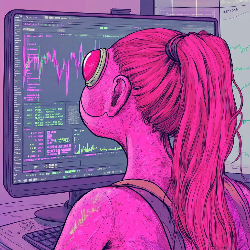 Red Frog with Ponytail Looking at Crypto Chart