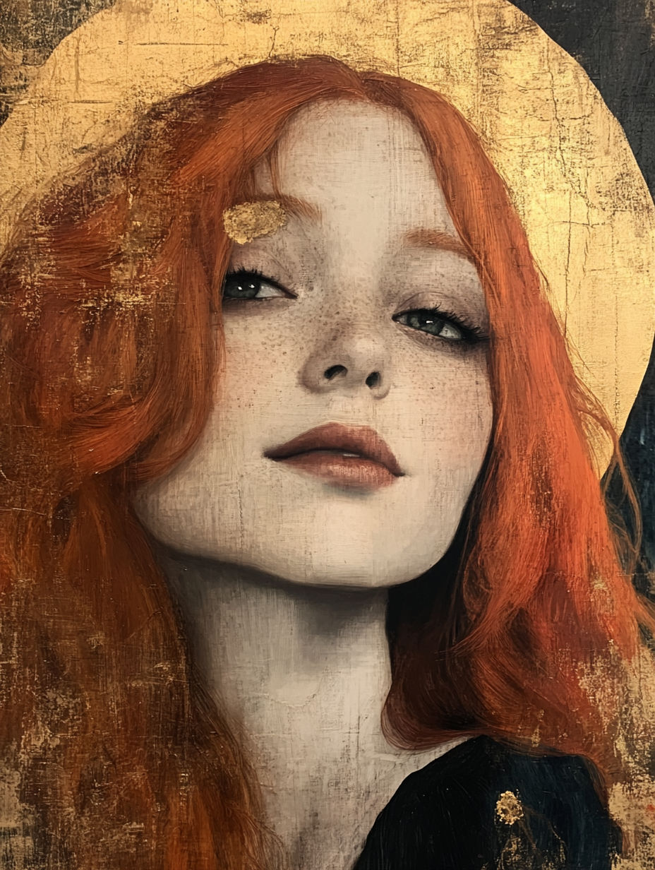 Red-Haired Woman Portrait with Gold Leaf Accents