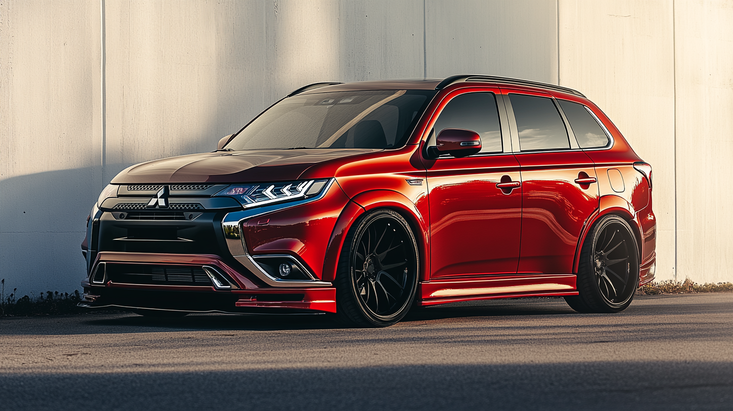 Red Mitsubishi Outlander Parked Front White Wall Sunny Day