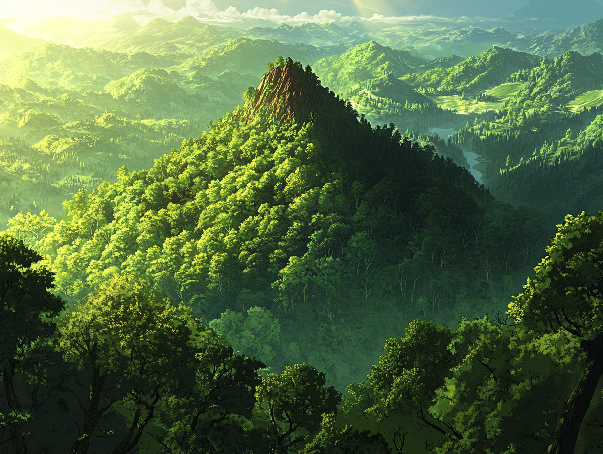 Red Mountain Among Enchanted Green Forest